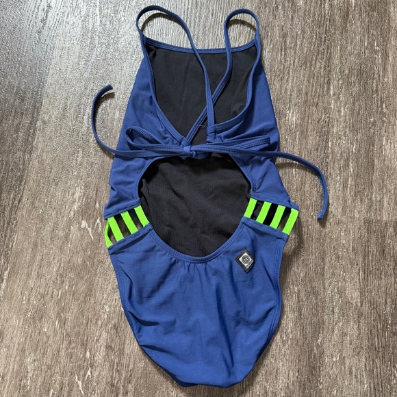 JOLYN Gavin One Piece Swimsuit Womens 30 Blue Neon Green Tie Back Athletic - Picture 2 of 4